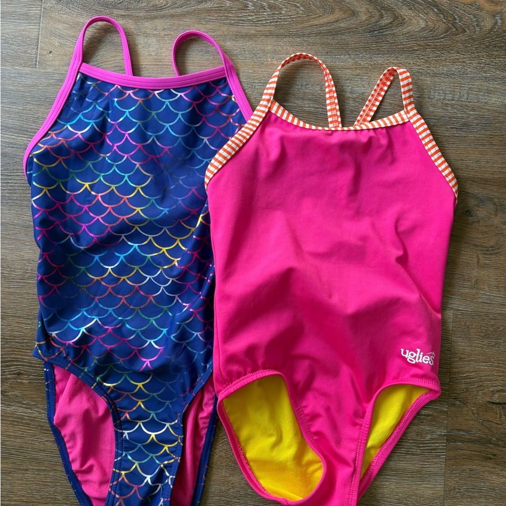 Colorful Swimsuit Set with Pink and Blue Designs. Perfect for swim team!